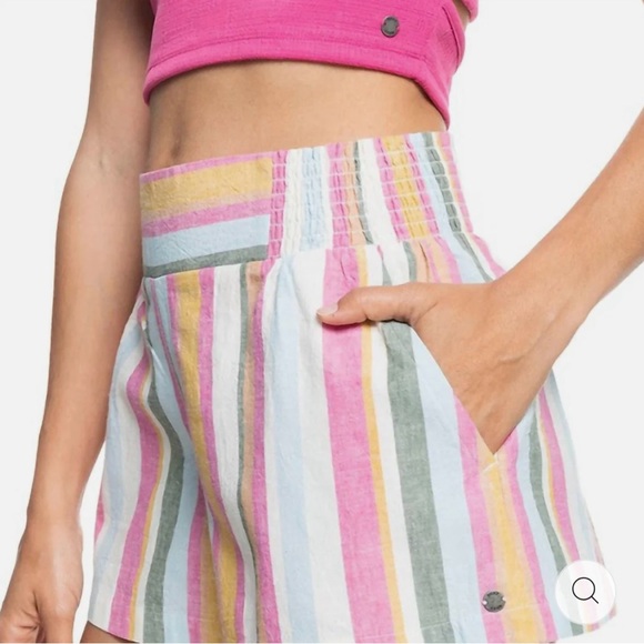 Roxy womens colorful striped shorts pockets pink green beachy linen cotton S - Picture 10 of 11